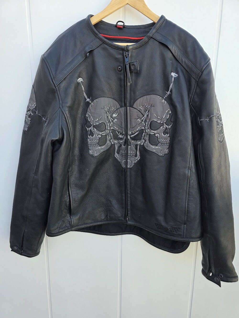 First Racing Black Leather Skull Biker Zip Up Motorcycle Jacket Mens 3X